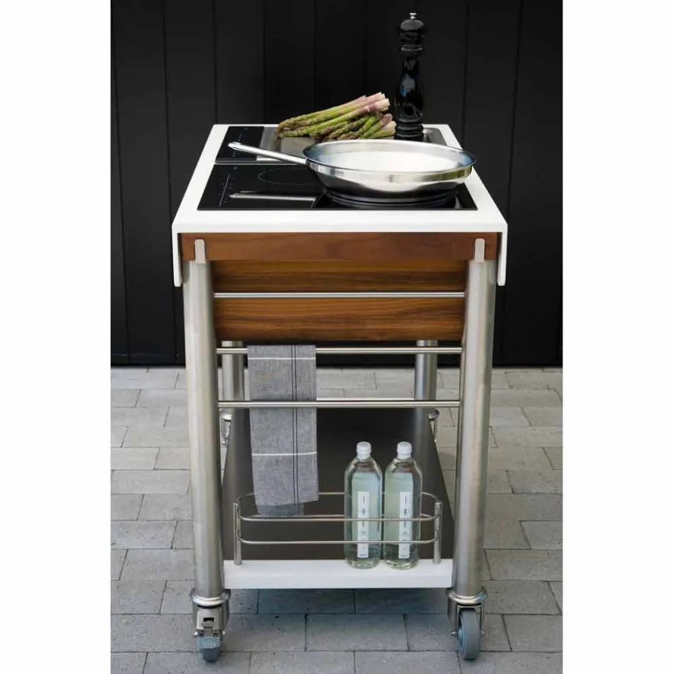 Cozinha moderna sobre rodas para jardim ao ar livre em madeira e aço - Calliope Viadurini