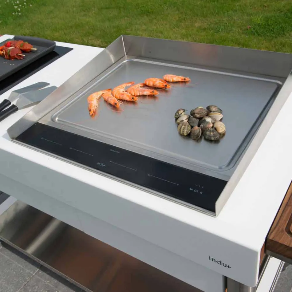 Cozinha moderna sobre rodas para jardim ao ar livre em madeira e aço - Calliope Viadurini