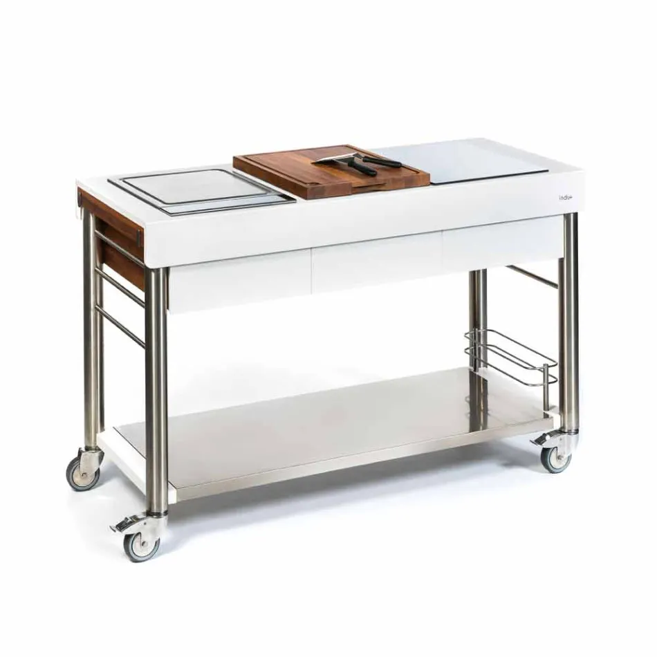 Cozinha moderna sobre rodas para jardim ao ar livre em madeira e aço - Calliope Viadurini