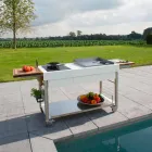 Cozinha moderna sobre rodas para jardim ao ar livre em madeira e aço - Calliope Viadurini