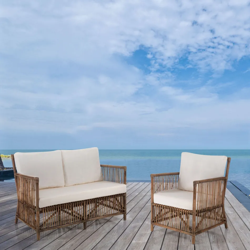 Sofá de 2 Lugares Exterior e Interior em Rattan e Almofadas 100% Algodão - Boire Viadurini