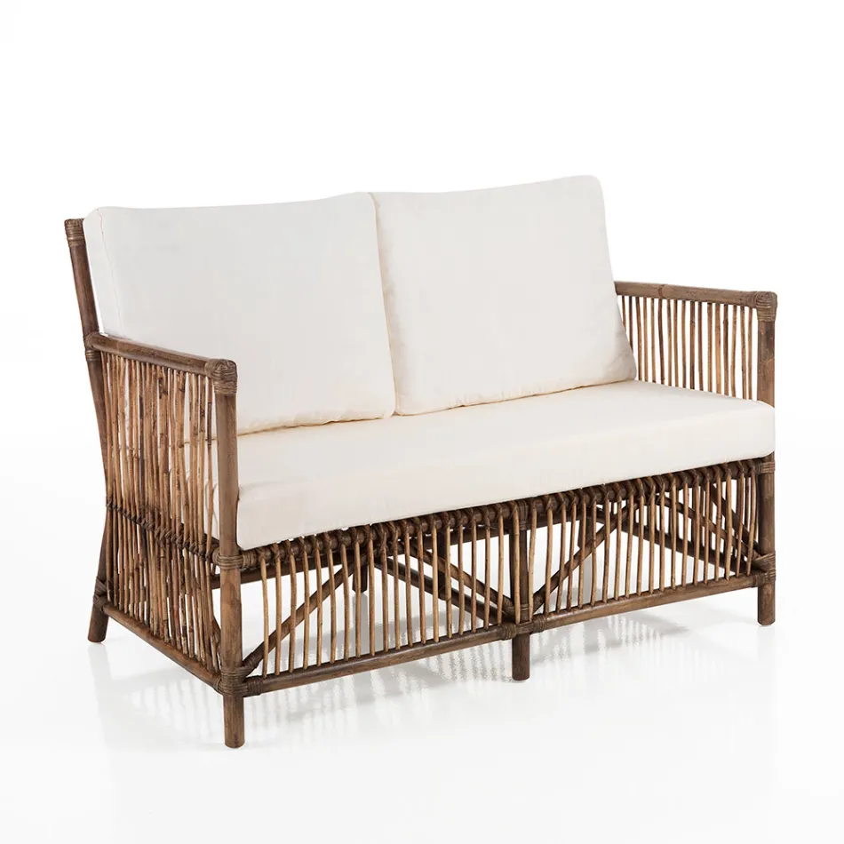 Sofá de 2 Lugares Exterior e Interior em Rattan e Almofadas 100% Algodão - Boire Viadurini