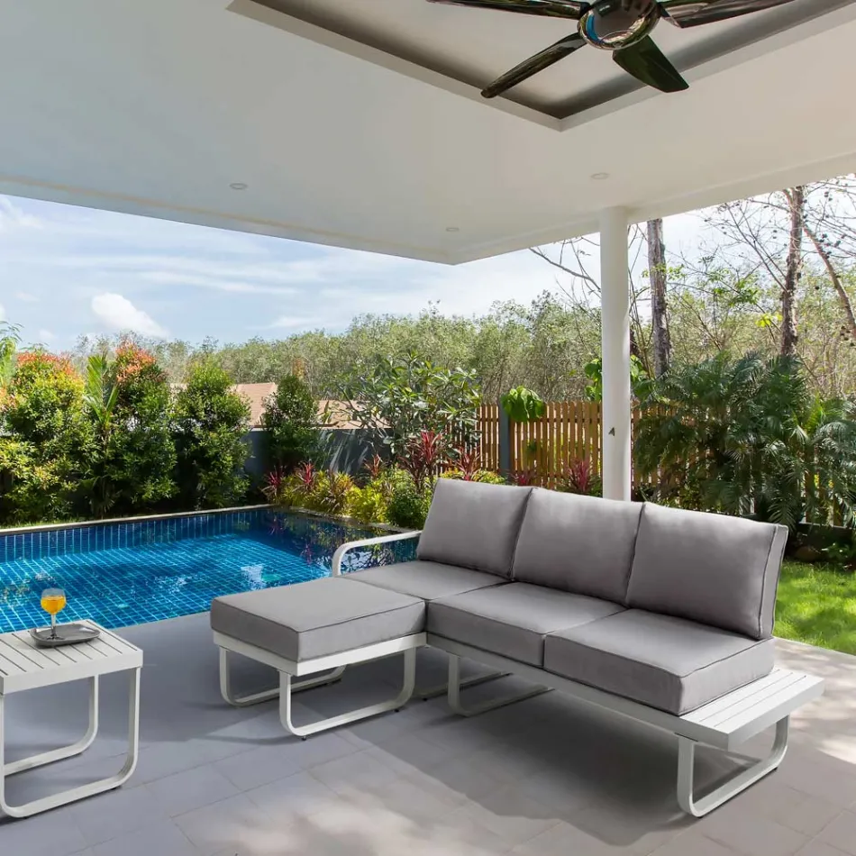 Sofá de 3 lugares com pufe de jardim em alumínio e almofadas cinza - Avoir Viadurini