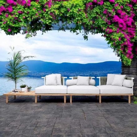 Sofá 4 Lugares em Teca, Tecelagem de Corda e Almofadas - Bellatrix Viadurini