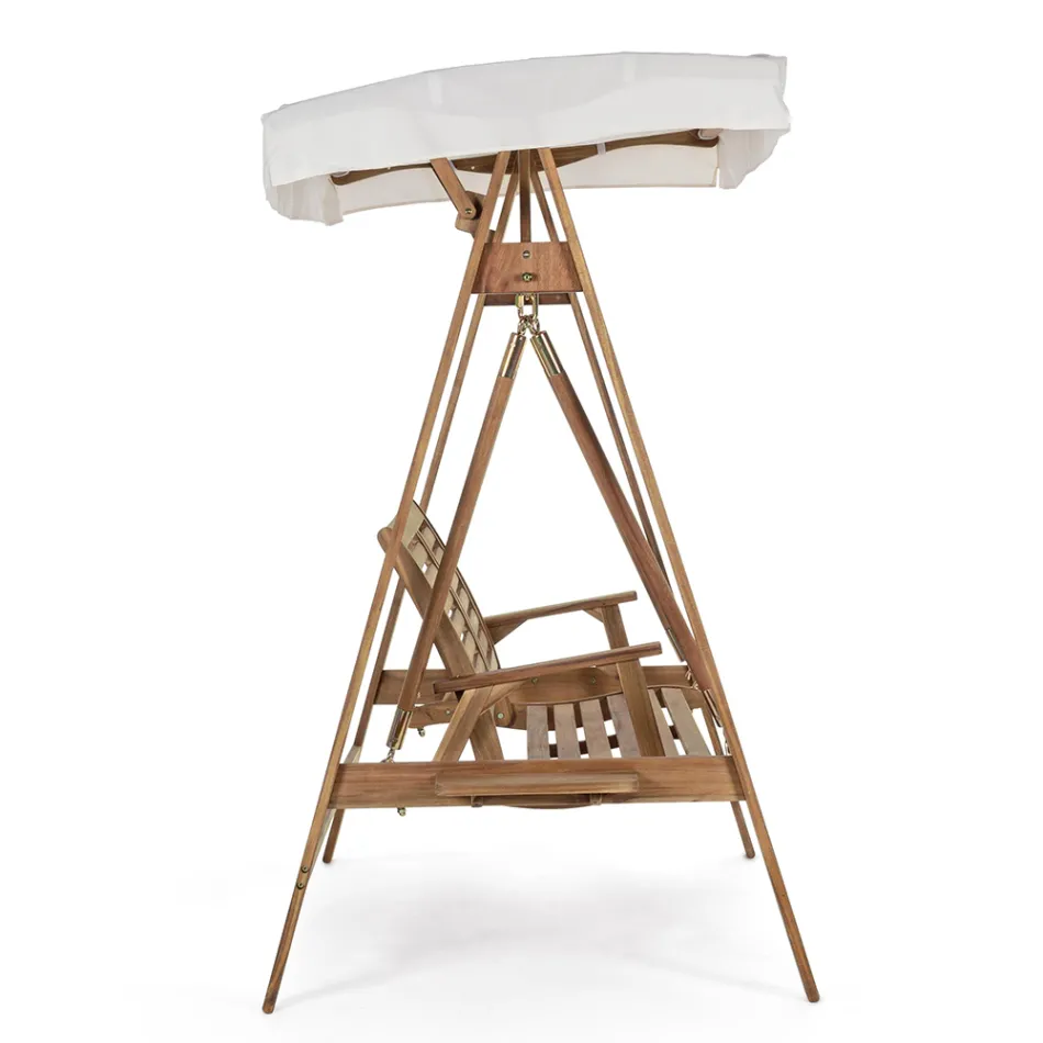 Sofá 2 lugares de balanço para jardim em madeira de acácia com lona branca - Roxen Viadurini