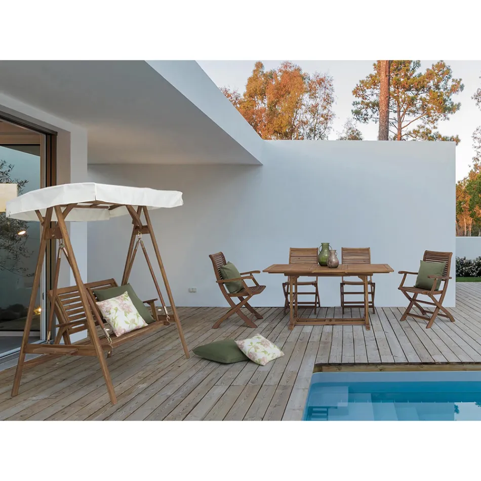 Sofá 2 lugares de balanço para jardim em madeira de acácia com lona branca - Roxen Viadurini