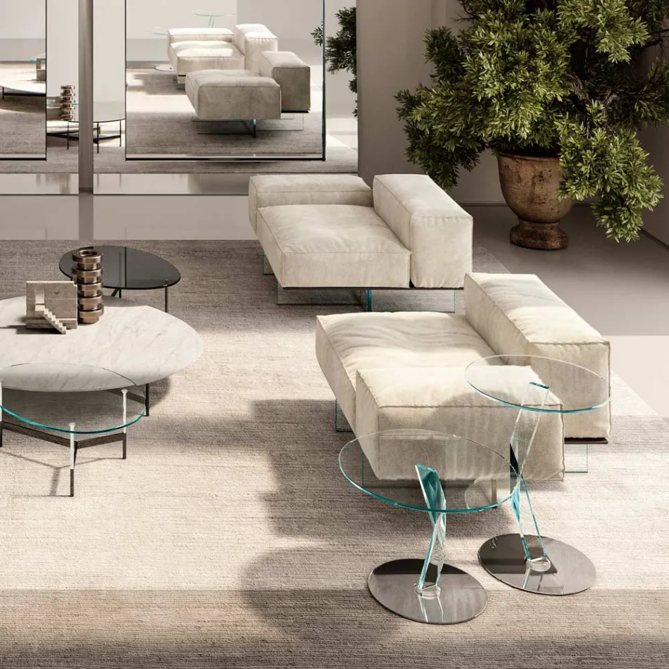 Sofá de canto esquerdo com base de vidro extraclaro fabricado na Itália - Rory Viadurini