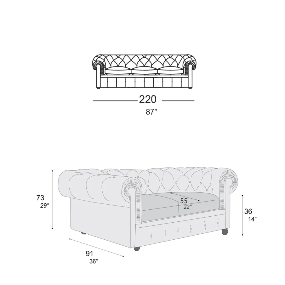 Sofá Clássico com Pés Cebola em Madeira de Faia Made in Italy - Spassoso Viadurini
