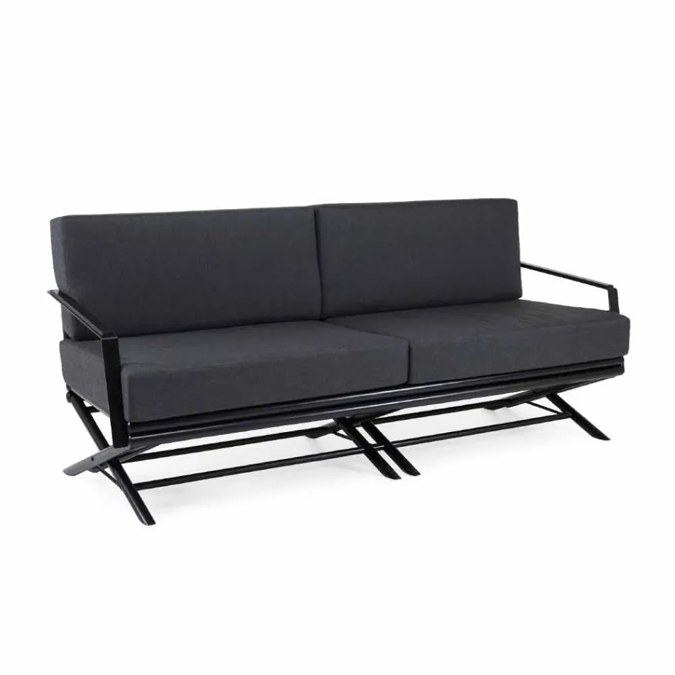 Sofá Exterior 3 Lugares em Madeira Natural ou Tecido Preto e Luxo - Suzana Viadurini