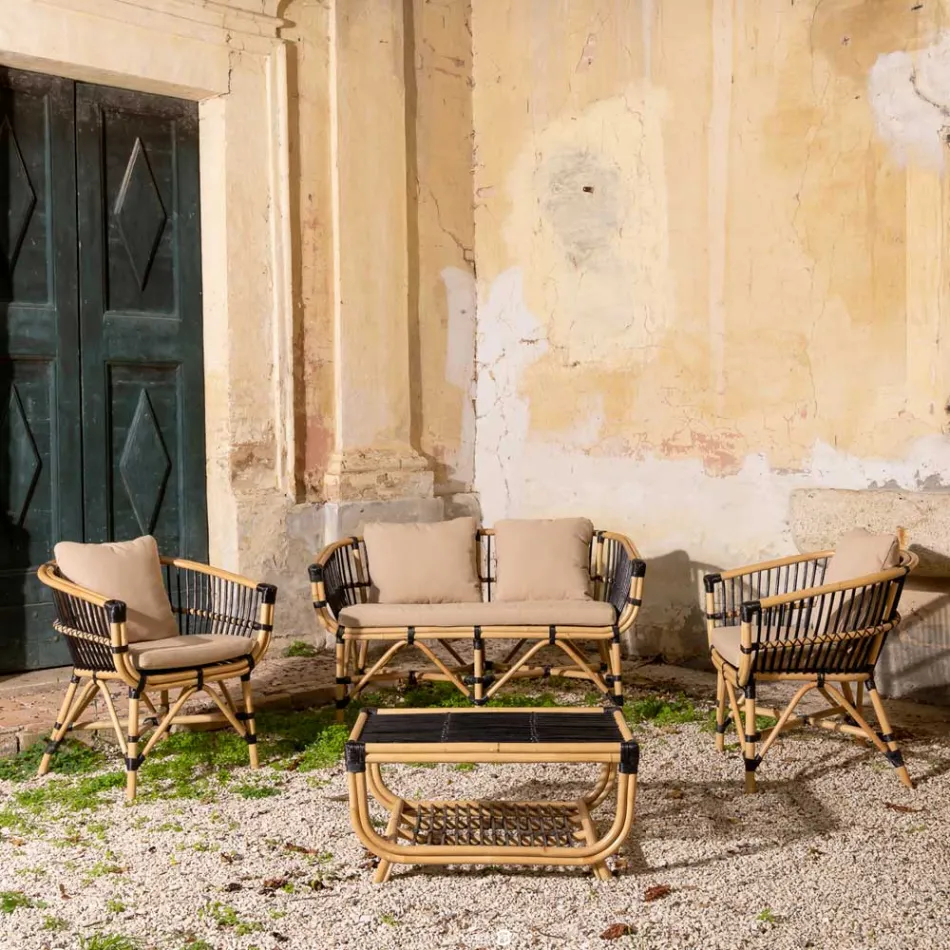 Sofá de Jardim em Rattan Natural com Almofadas Incluídas - Catelyn Viadurini