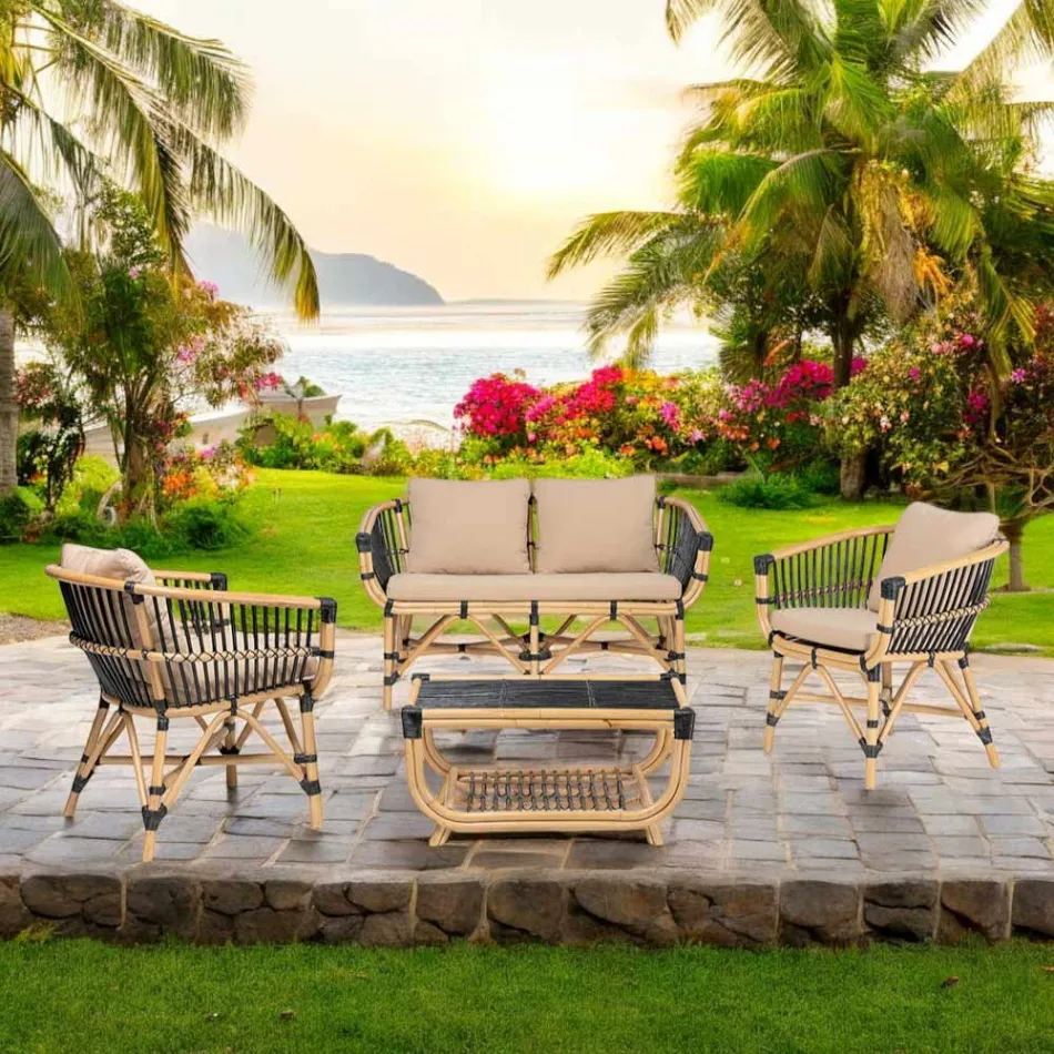 Sofá de Jardim em Rattan Natural com Almofadas Incluídas - Catelyn Viadurini