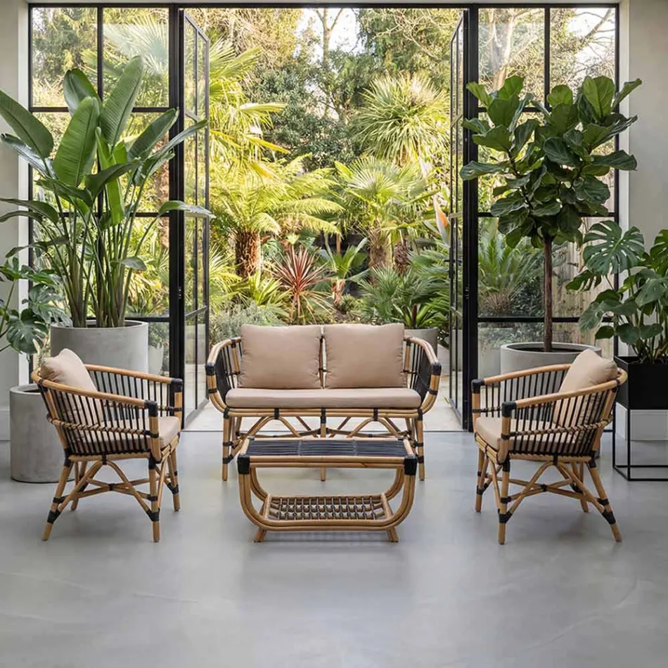 Sofá de Jardim em Rattan Natural com Almofadas Incluídas - Catelyn Viadurini