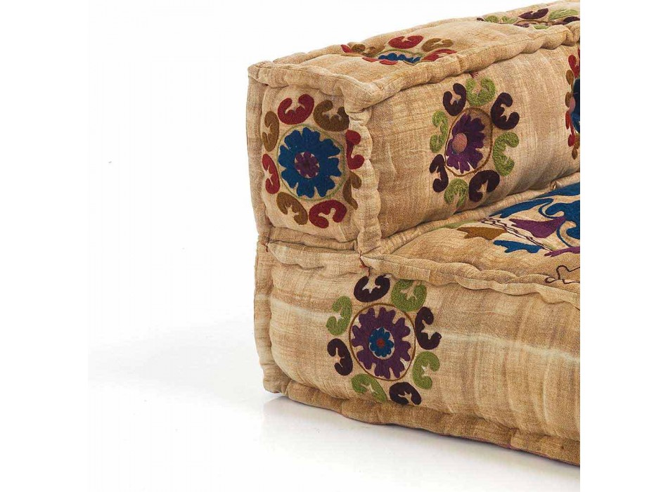 Sofá étnico acolchoado de dois lugares em tecido de retalhos e madeira - fibra Viadurini