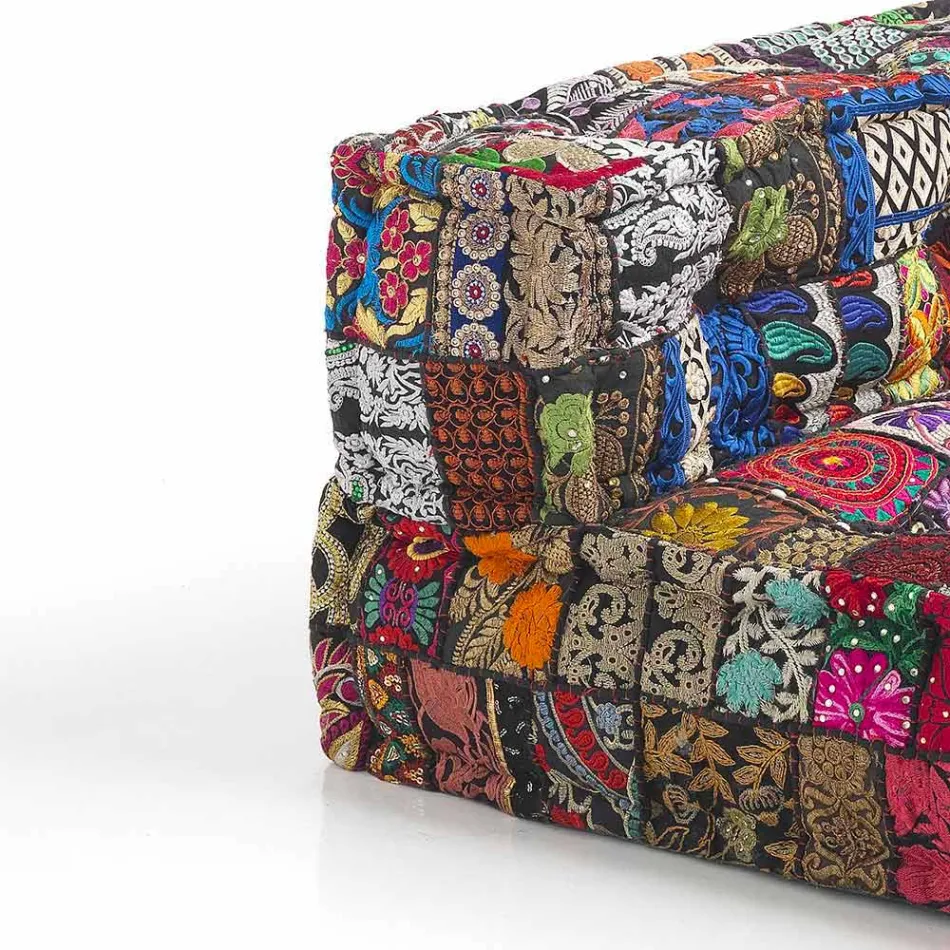 Sofá étnico acolchoado de dois lugares em tecido de retalhos e madeira - fibra Viadurini