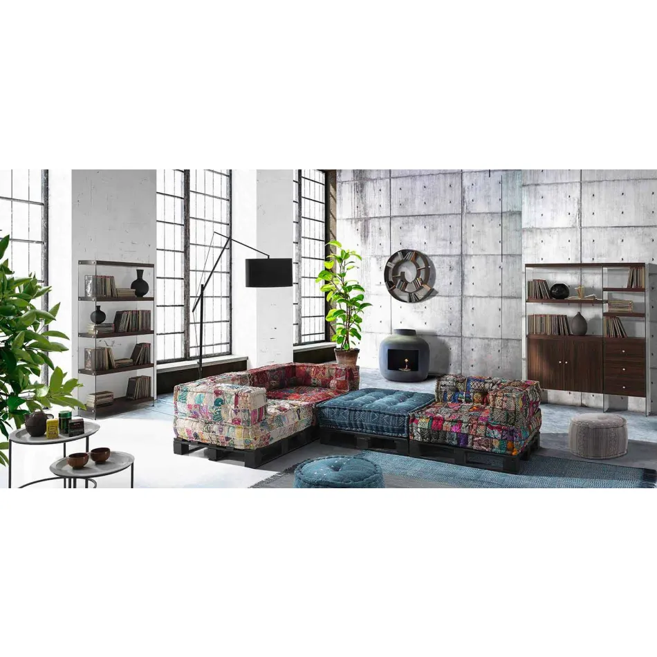 Sofá étnico acolchoado de dois lugares em tecido de retalhos e madeira - fibra Viadurini