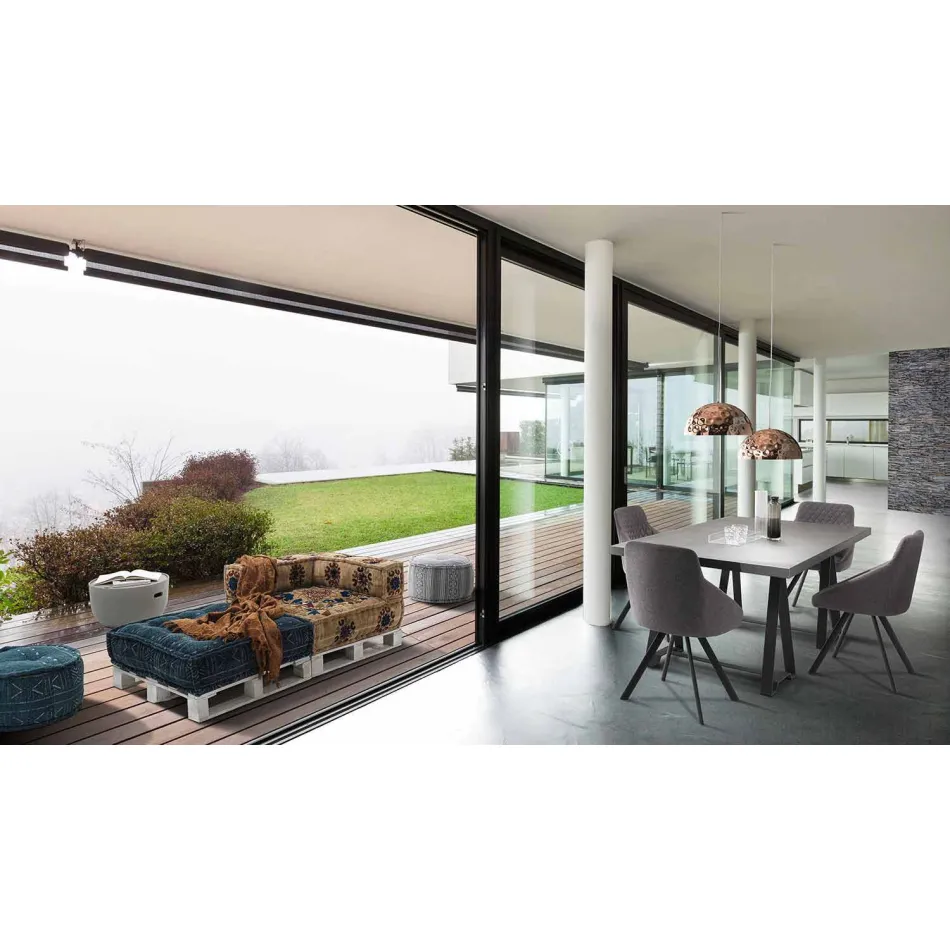 Sofá étnico acolchoado de dois lugares em tecido de retalhos e madeira - fibra Viadurini