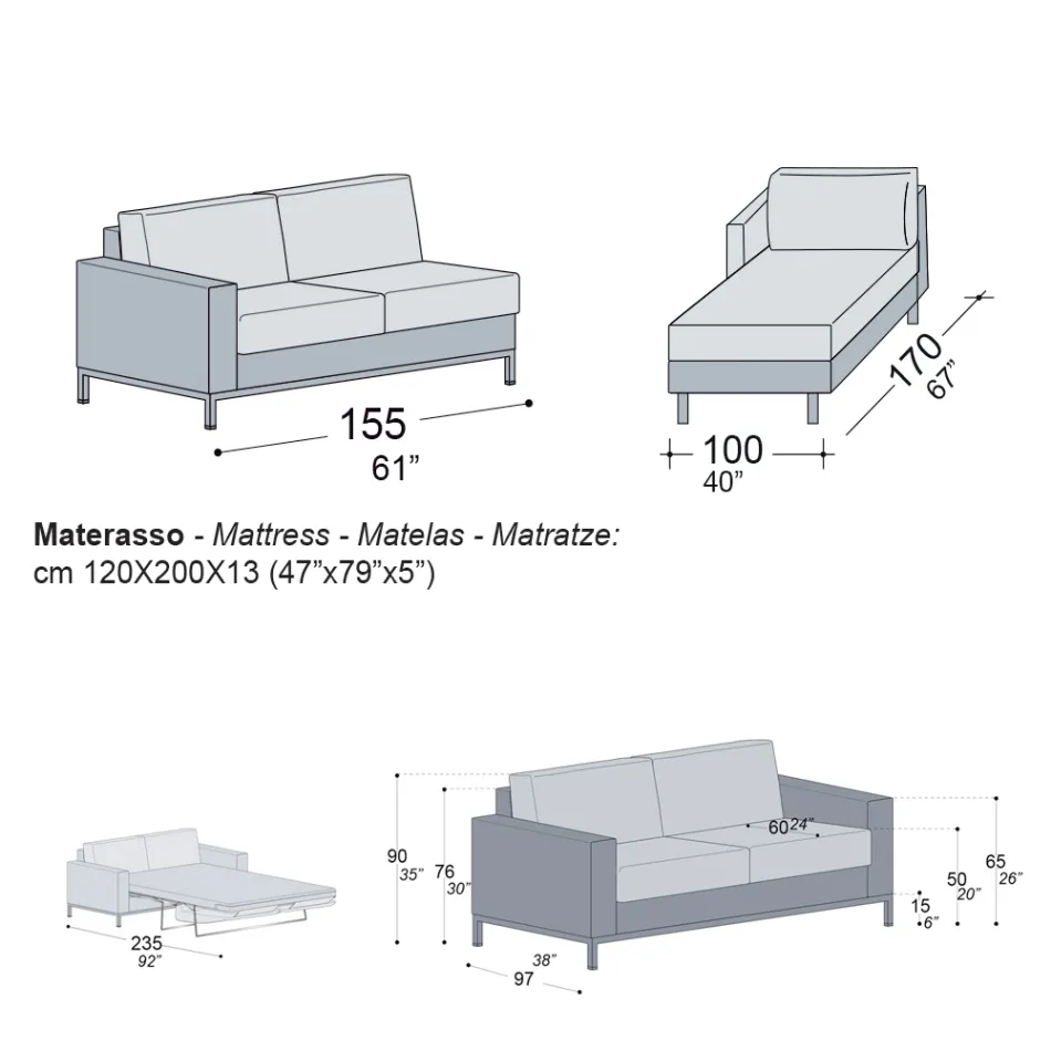 Sofá Cama com Península em Metal e Poliuretano Fabricado na Itália - Folle Viadurini
