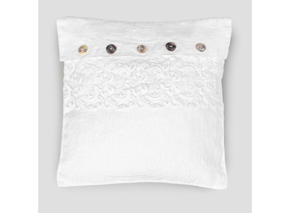 Capa de almofada quadrada branca com renda e botões de luxo italiano - logotipos Viadurini