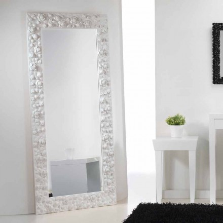 Grande espelho de chão / parede branco com moldura de madeira Flower Viadurini