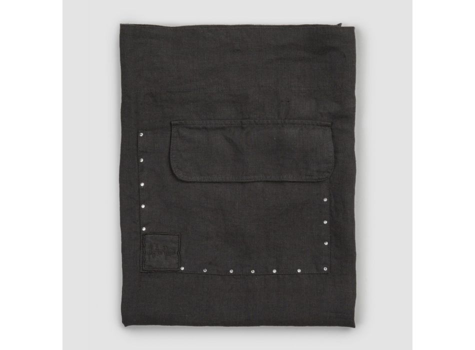 Avental de cozinha de linho preto com cristais Modelo baixo com bolso - Clique Viadurini