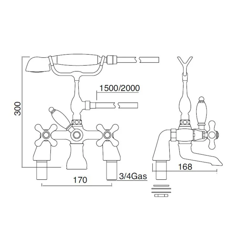 Grupo de rebordo de banheira clássico com chuveiro de mão em latão Made in Italy - Ercolina Viadurini