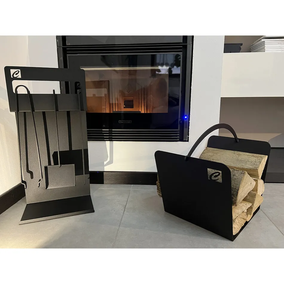 Conjunto de ferramentas de design para lareira em aço preto fabricado na Itália - Ostro Viadurini