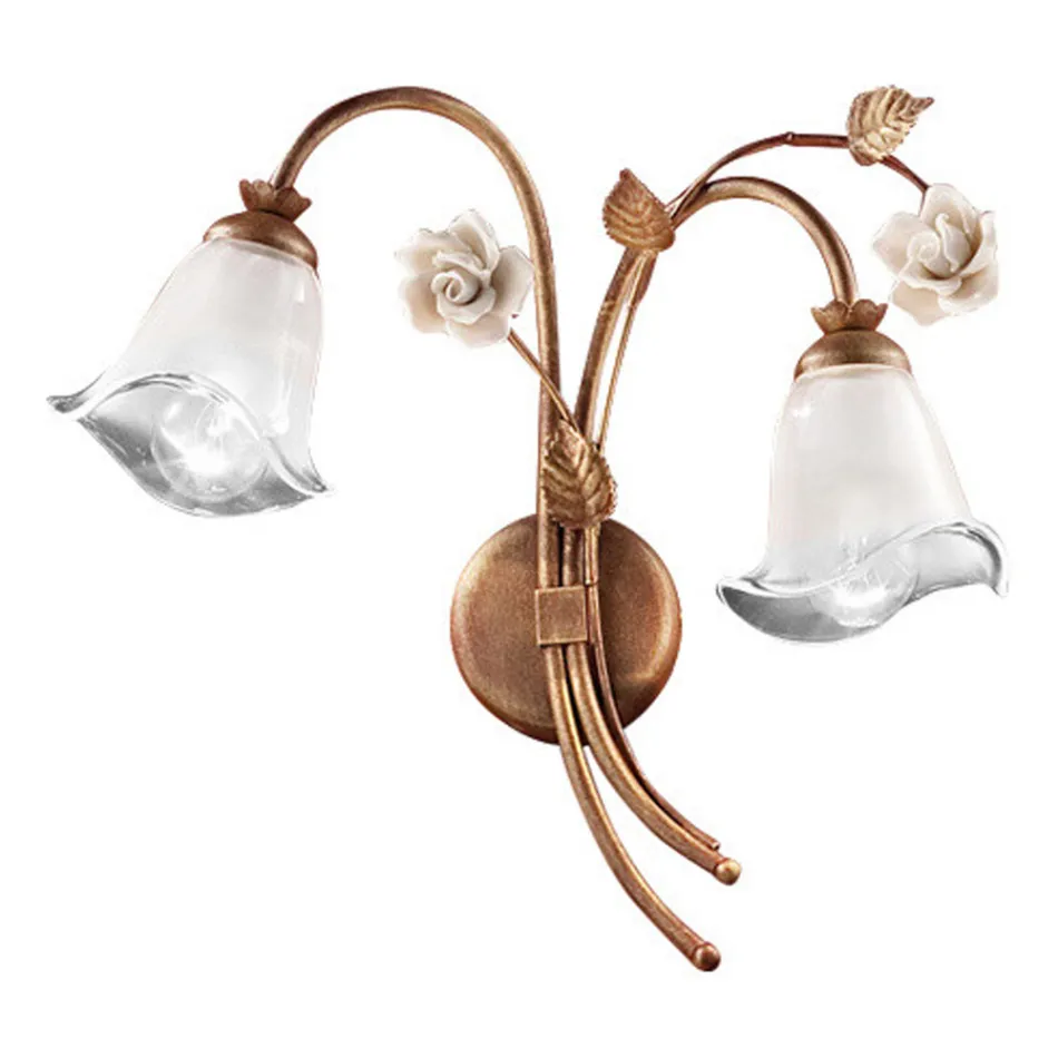 Luminária de Parede 2 Luzes em Ferro e Vidro com Rosa em Cerâmica - Siena Viadurini