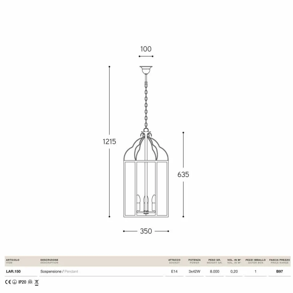 Pendente com 3 luzes de latão e vidro Turandot Viadurini