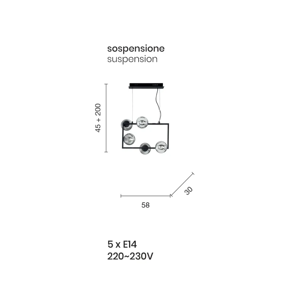Candeeiro de Suspensão com 5 Luzes em Metal e Vidro Soprado Moderno - Birga Viadurini