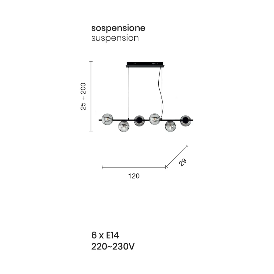 Candeeiro de Suspensão com 6 Luzes em Metal e Vidro Fundido Moderno - Birga Viadurini