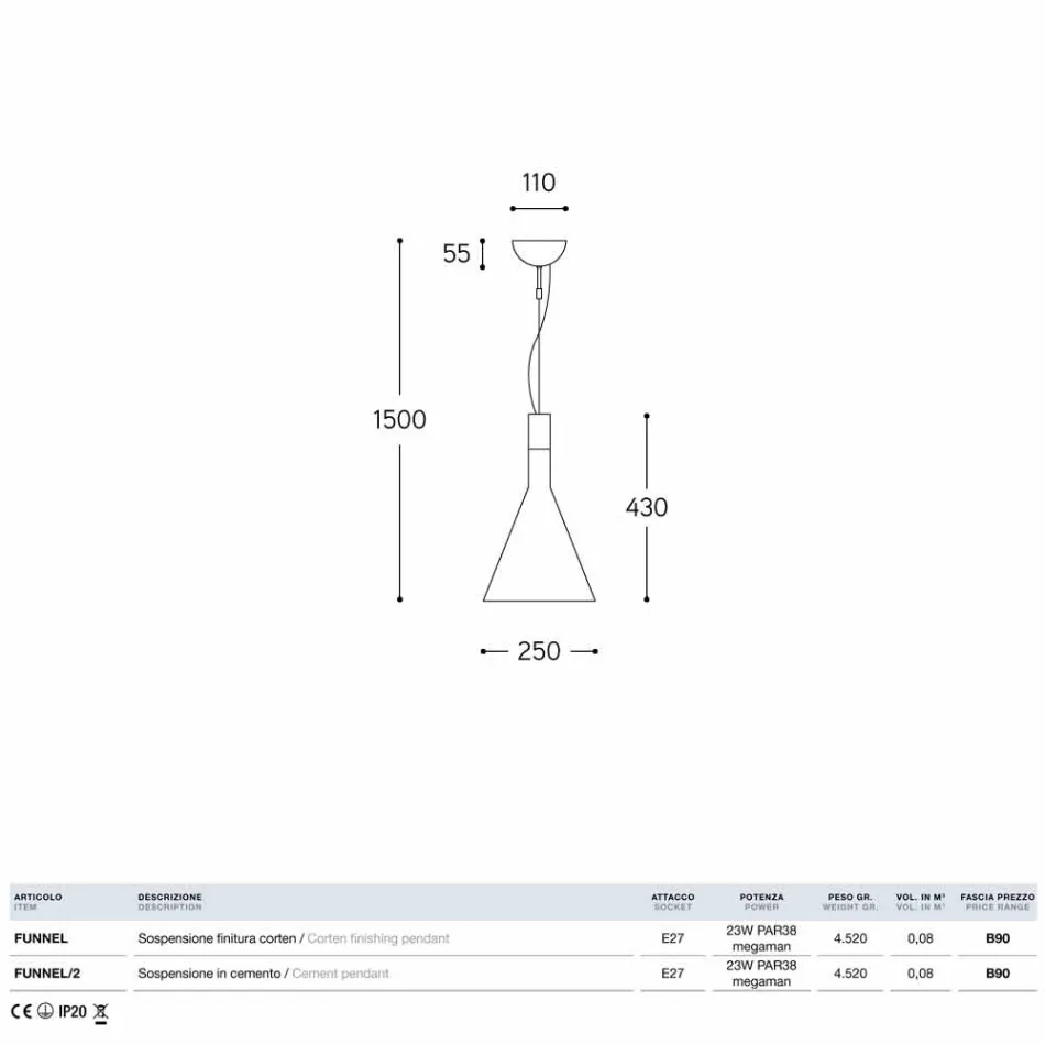 Candeeiro suspenso em betão Funnel Aldo Bernardi Viadurini