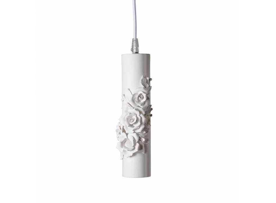 Candeeiro de Suspensão em Cerâmica Branca Mate com Flores Decorativas - Revolução Viadurini