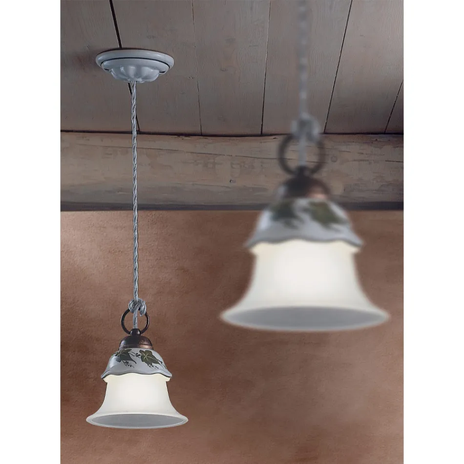 Luminária de Suspensão em Vidro, Ferro e Cerâmica Pintada à Mão - Ferrara Viadurini