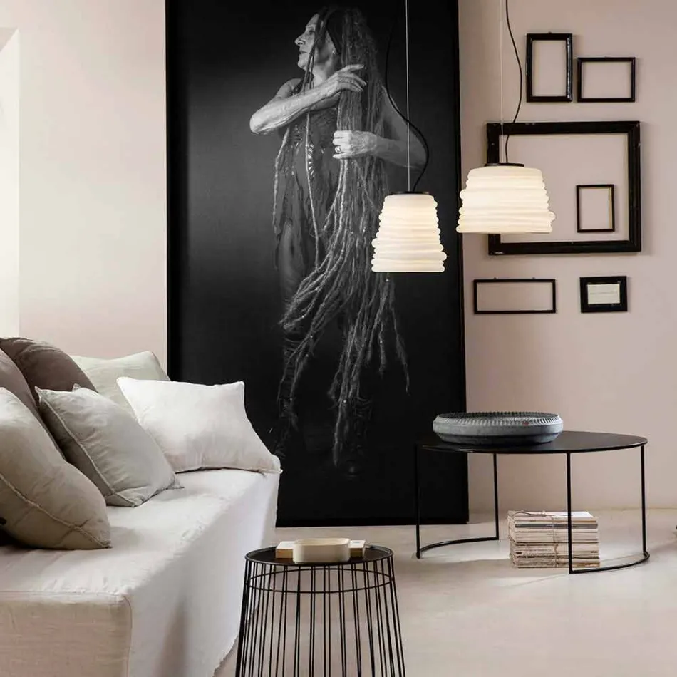 Lâmpada suspensa da sala de estar em vidro acetinado branco 3 dimensões - Suave Viadurini