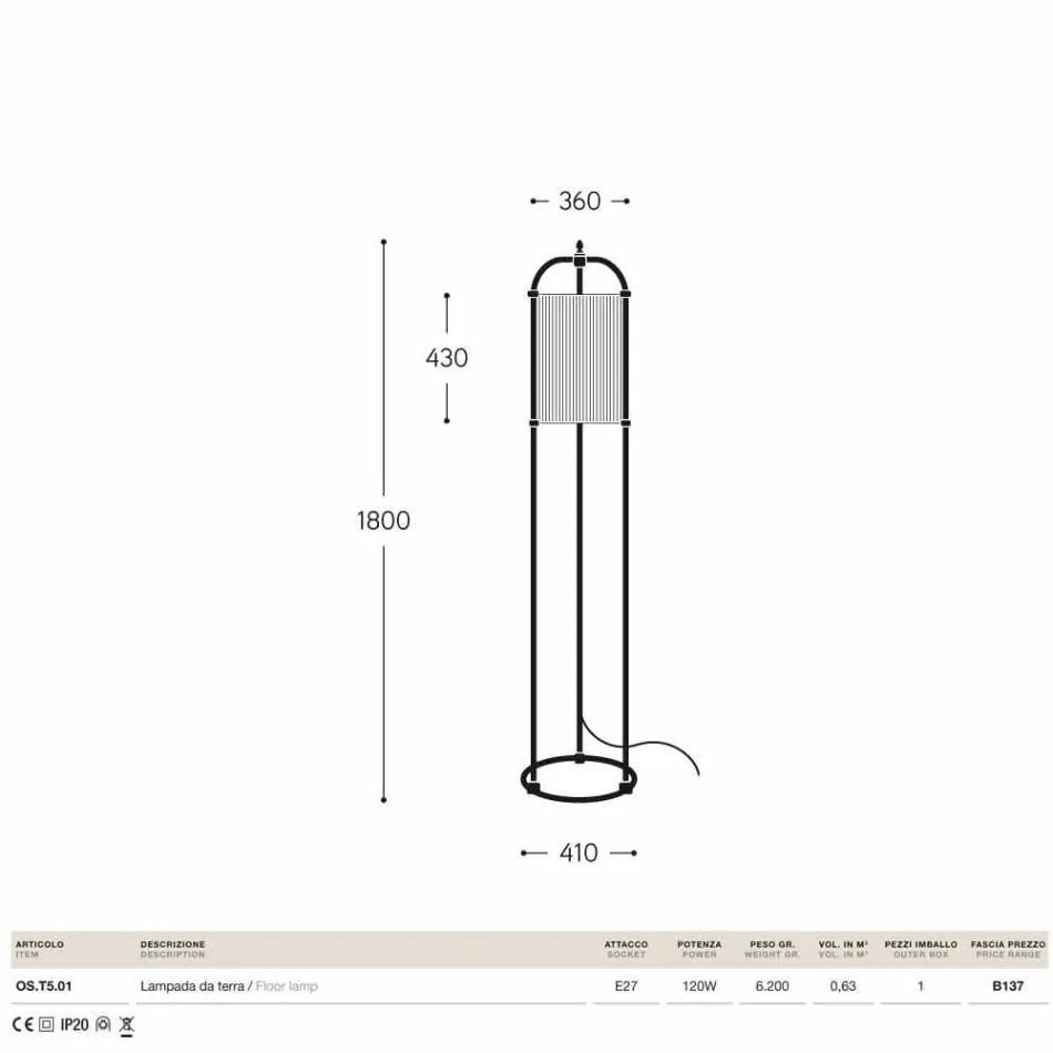 Candeeiro de pé em latão e tecido Hua Hika Viadurini
