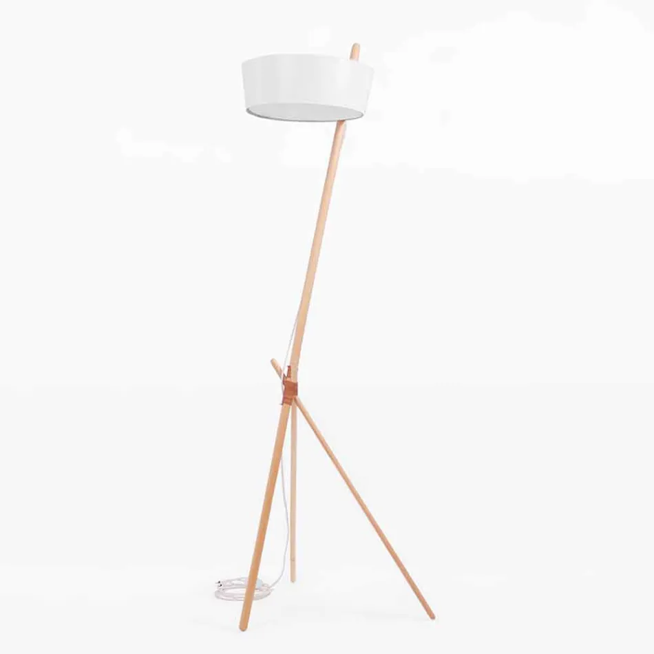 Candeeiro de pé em madeira e metal com detalhes em couro vegano - Avetta Viadurini