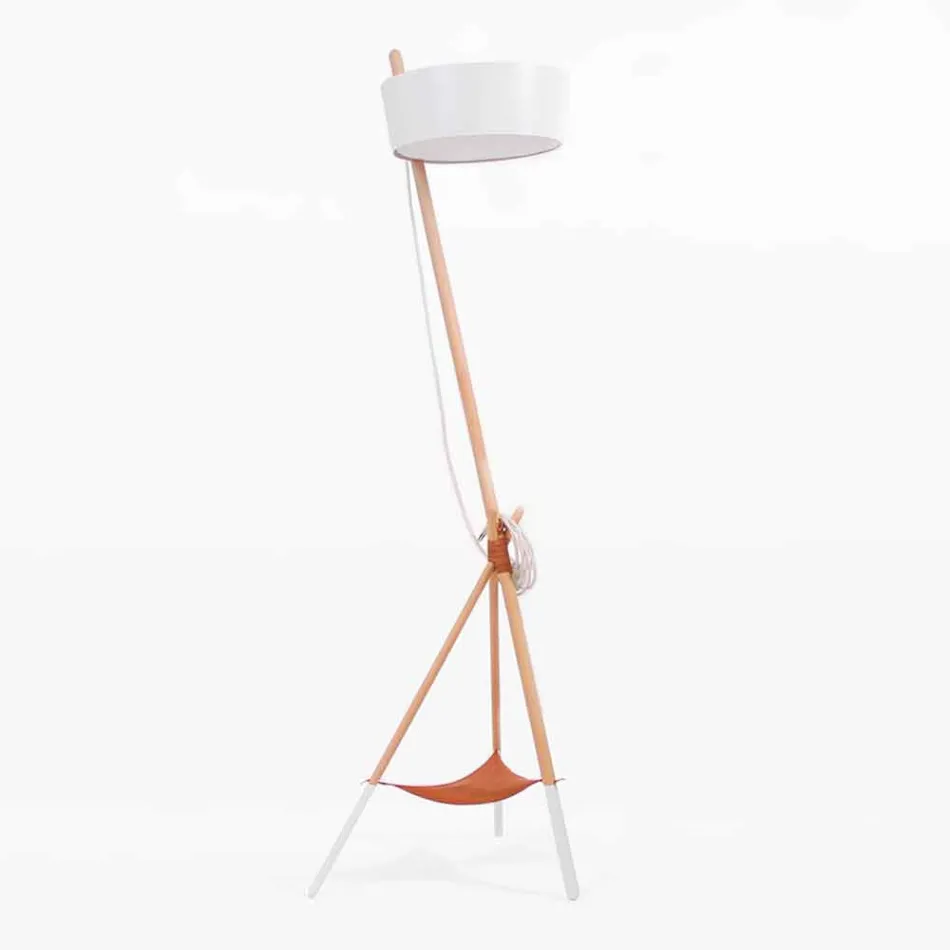 Candeeiro de pé em madeira e metal com detalhes em couro vegano - Avetta Viadurini