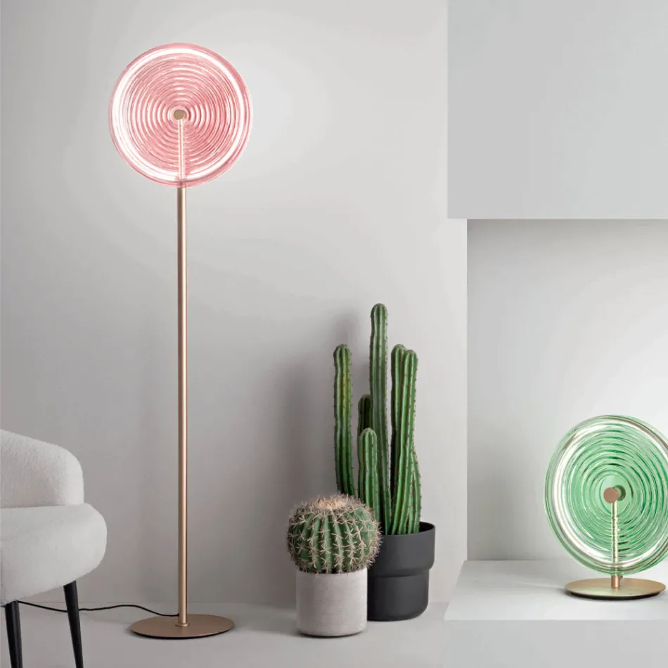 Candeeiro de chão em metal e vidro decorado com linhas concêntricas - Hackberry Viadurini