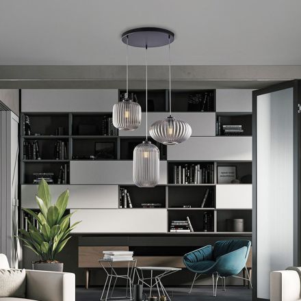 Luminária de mesa com 3 lâmpadas, design em metal e vidro preto - Tucana Viadurini