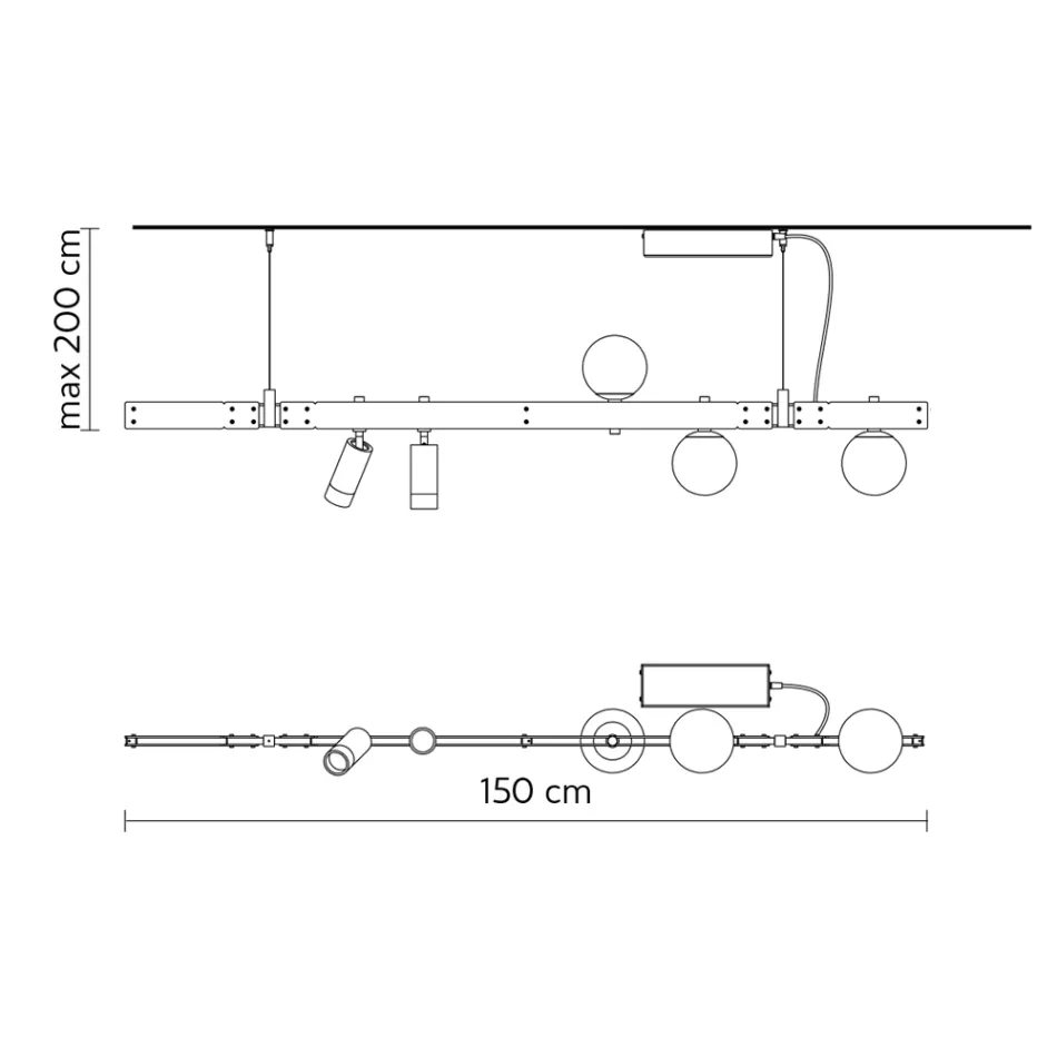 Projeto de lâmpada suspensa de alumínio branco com esferas de vidro e holofotes - Exodus Viadurini