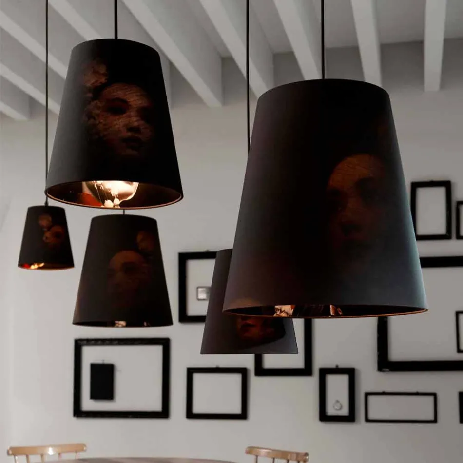 Lâmpada Suspensa em Linho Antracite com Desenho Interno Estampa 2 Tamanhos - Bramosia Viadurini