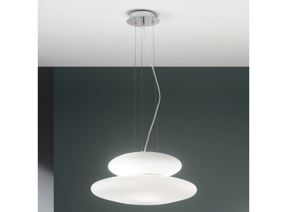 Lâmpada suspensa em vidro branco soprado e metal cromado - Illumina Viadurini