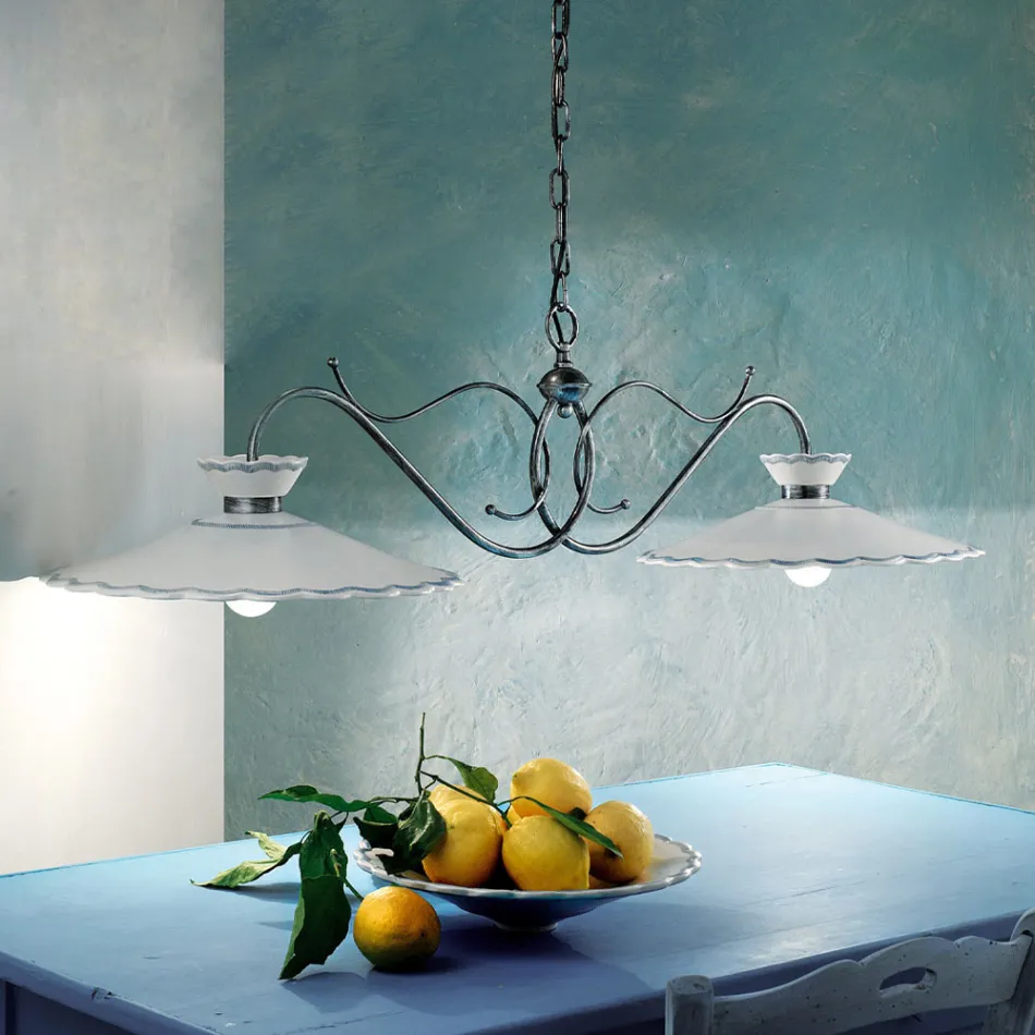 Lâmpada Suspensa Linear 2 Luzes Cerâmica Efeito Bordado Artesanal - Ravenna Viadurini