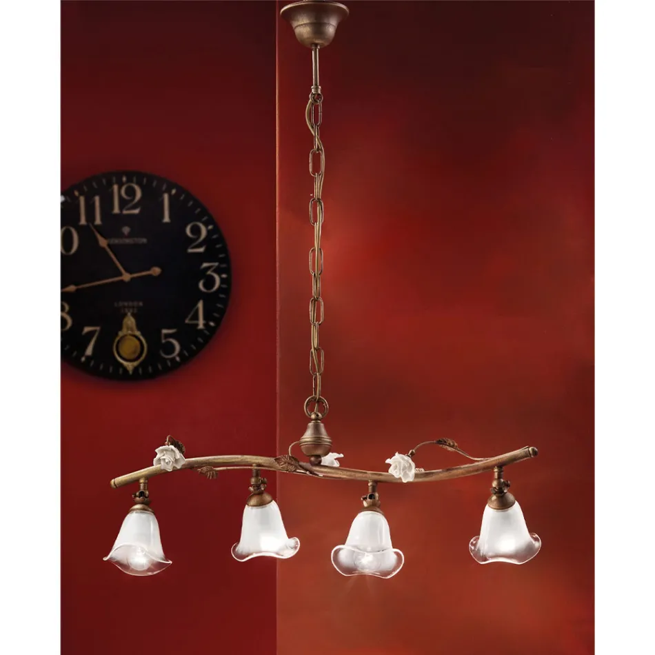 Lâmpada Suspensa Linear 4 Luzes em Ferro, Vidro e Cerâmica Rosas - Siena Viadurini