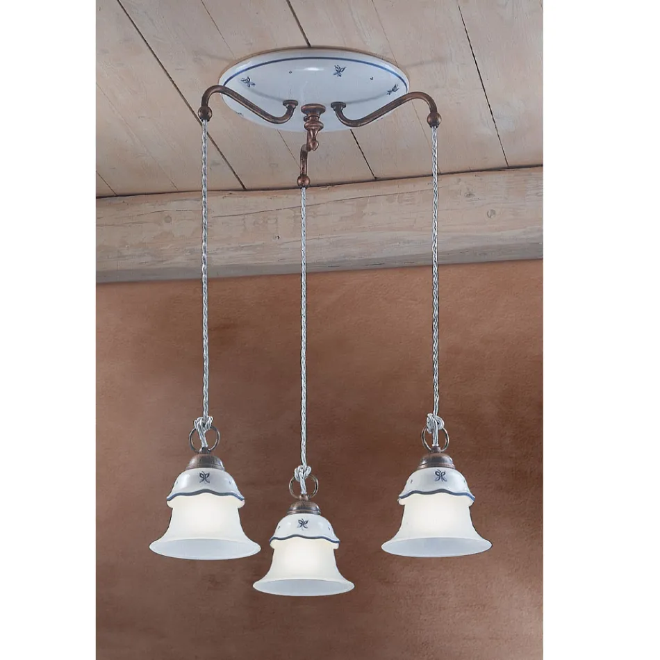 Candeeiro Suspenso Redondo em Ferro, Vidro, Cerâmica Pintada à Mão - Ferrara Viadurini