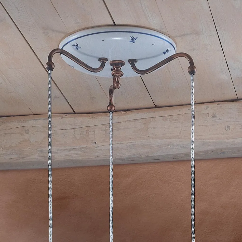 Candeeiro Suspenso Redondo em Ferro, Vidro, Cerâmica Pintada à Mão - Ferrara Viadurini