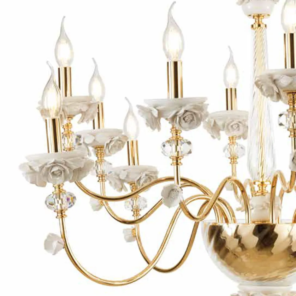 Candelabro Clássico 12 Luzes em Porcelana e Vidro Soprado Luxo - Eteria Viadurini