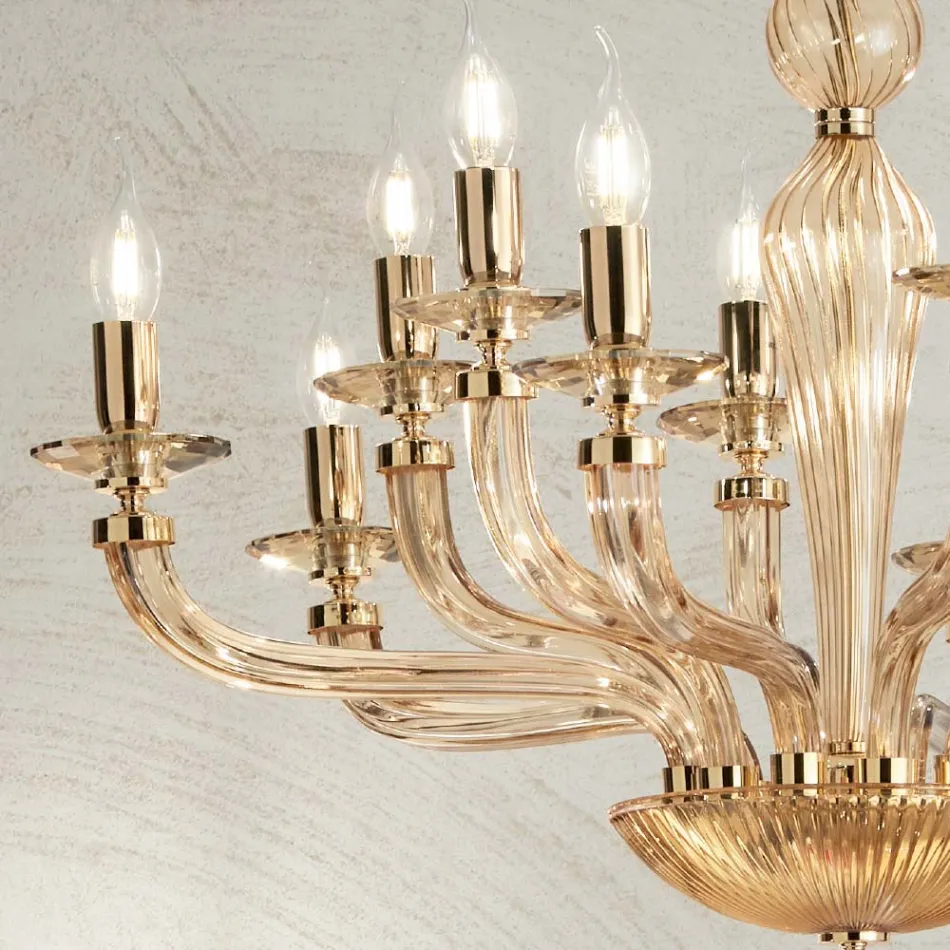 Candelabro Clássico 12 Luzes em Vidro Rigaton Feito à Mão e Metal Dourado - Fievole Viadurini