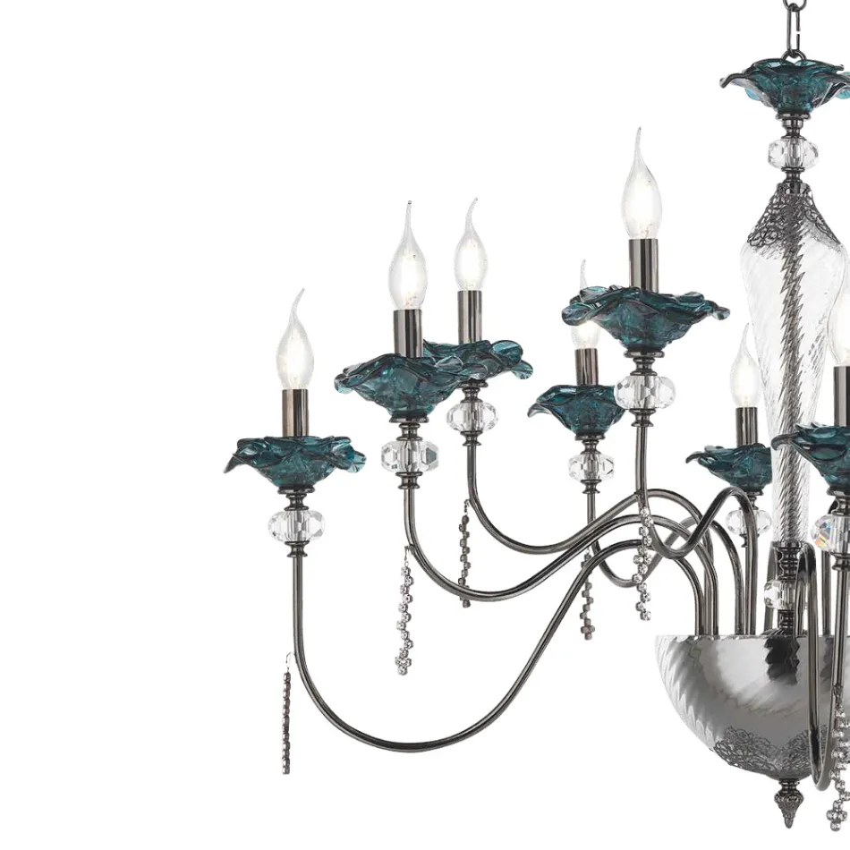 Candelabro Clássico de 12 Luzes em Vidro, Cristal e Metal Luxo - Flandres Viadurini