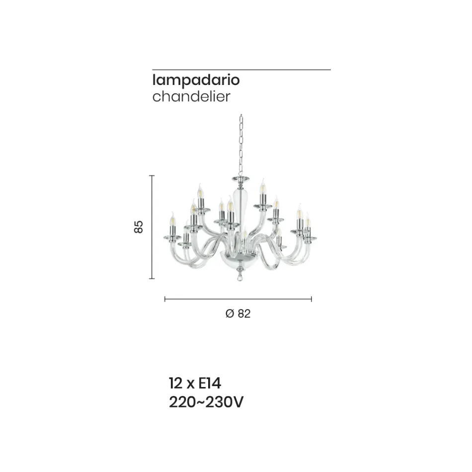 Candelabro Clássico 12 Luzes em Vidro Transparente Feito à Mão Italiano - Rapallo Viadurini